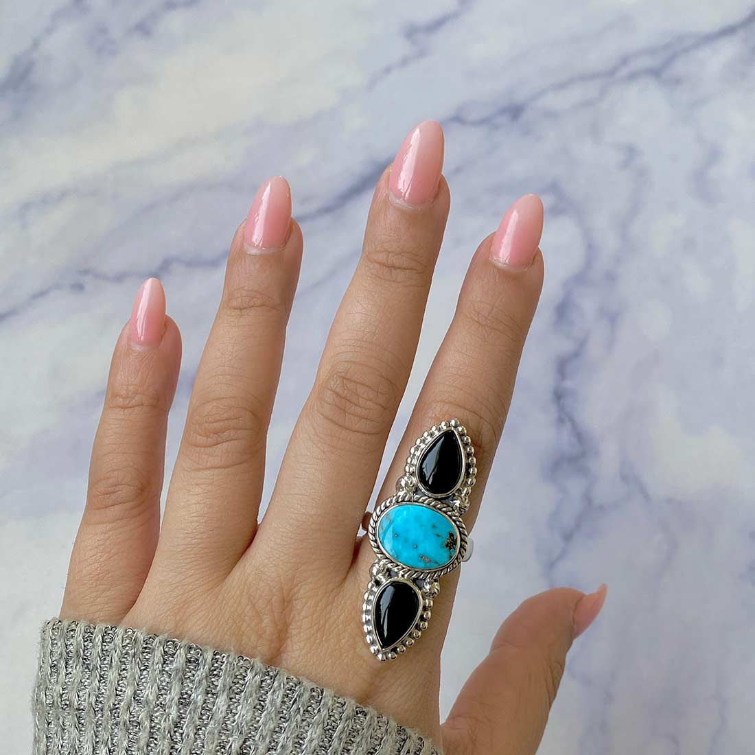 Turquoise And Black Onyx Adjustable Ring-(TRQ-CLS-1.)